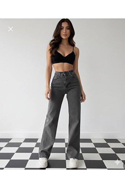 BİENAL BUTİK Bera Women's Smoked High Waist Palazzo Jeans Loose Fit Anthracit...