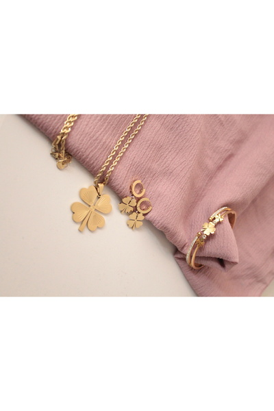 Kudi Oyuncak Yonca modeli burgulu Kolye yonca küpe ve yonca taşlı Gold renk b...