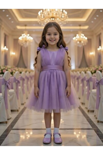BİLGEN Style Girl's Dress Summer Tulle Detailed Shoulder Bow Part Ball Gown W...
