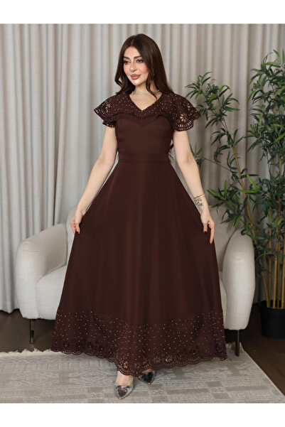 TREN Women Dark Brown Eyelet Maxi Dress Ramadan Eid Flutter Sleeve V-Neck For...