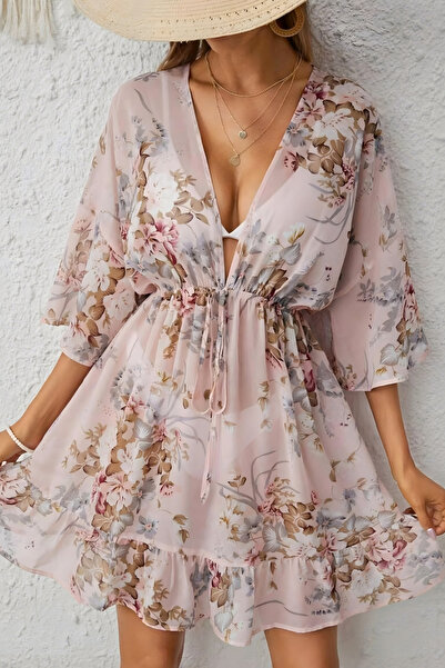 Homay Floral Patterned Waist Tie Lycra Dress