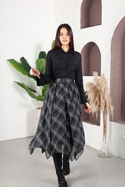 YEK&BİR Plaid Asymmetric Chiffon Skirt Black