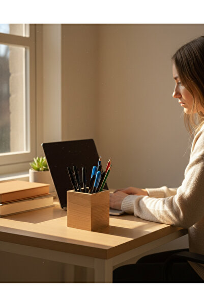 MONTETOYS Ξύλινη τετράγωνη θήκη για στυλό γραφείου σε καφέ χρώμα