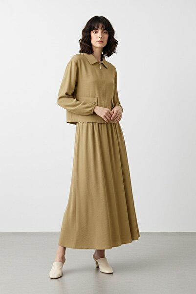 Puane Zippered Jacket and Elastic Waist Skirt Set Olive 14436