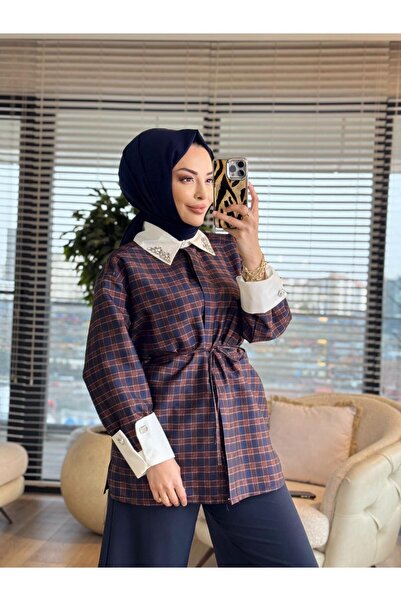 ALANURMODA 24397-5 Kareli Yakası Taş İşlemeli Gömlek