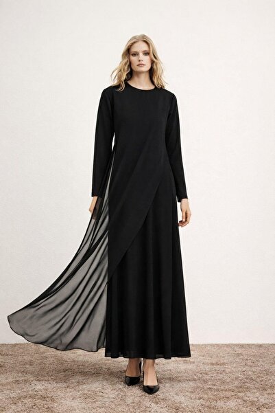 Puane Women's Chiffon Detailed Long Dress Black 12447