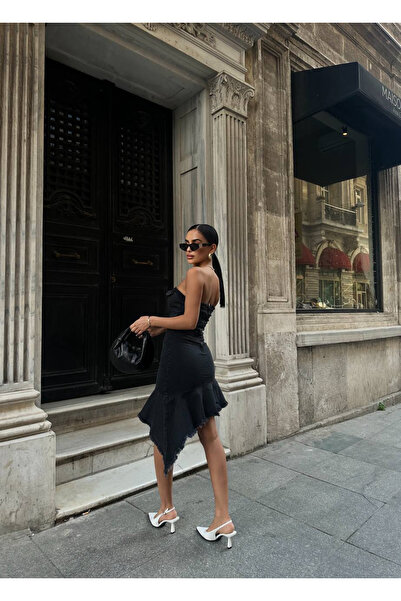 HerTon Γυναικείο φόρεμα στράπλες 98% βαμβάκι 2% ελαστάνη – Ασύμμετρο με βολάν...