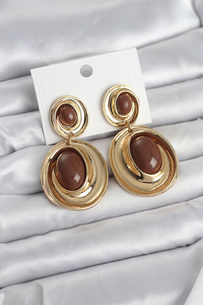 ELİZ BERRA MODA Brown Dangle Drop Model Gold Color Vintage Women's Earrings