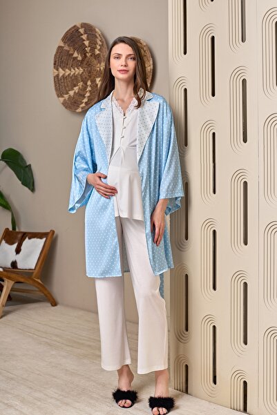 Yulem Homewear Blue Polka Dot Shawl Collar Lace Design Maternity Hamiel Dress...