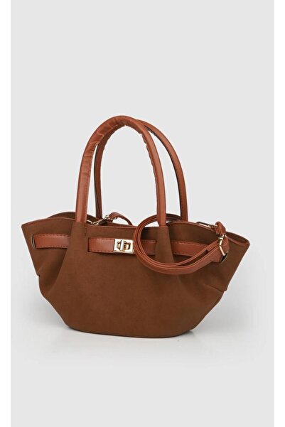 PİNK THE FASHİON Rabe Süet Kilit Detaylı El ve Çapraz Askılı Kadın Çanta Taba