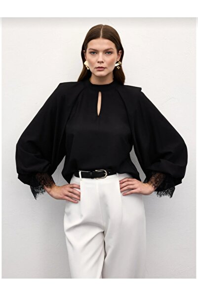 Sateen Lace Detail Balloon Collar Shirt