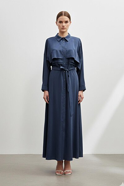 Puane Belted Buttoned Long Women's Dress Dark Blue 12668