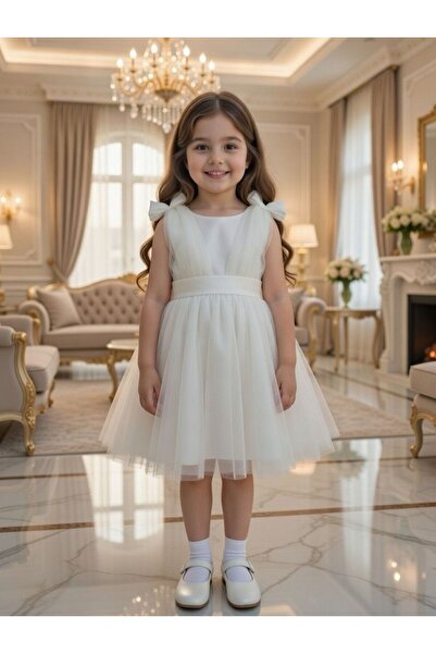 BİLGEN Style Girl's Dress Summer Tulle Detailed Shoulder Bow Part Ball Gown W...