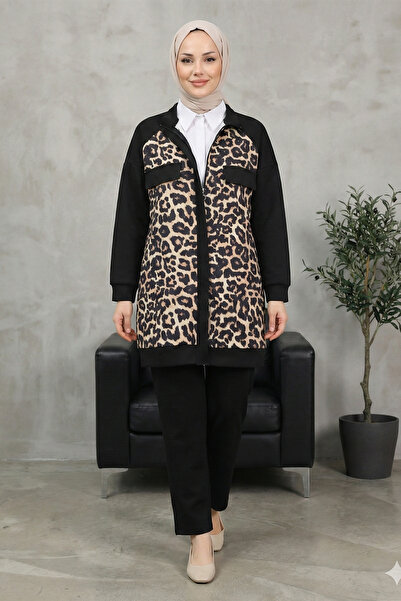 FERHEL Leopard Patterned Zippered Jacket and Trousers Set with Pocket Detail ...