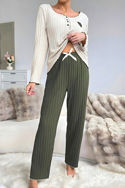 Homay 2-Piece Heart Detailed Contrast Piping Cotton Pajama Set