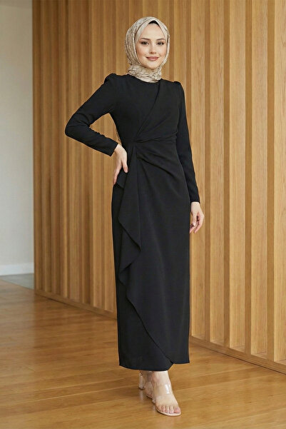 FERHEL تنورة بياقة دائرية غير متماثلة بدون بطانة وبدون ظهر مكشوف ونصف سحاب خل...