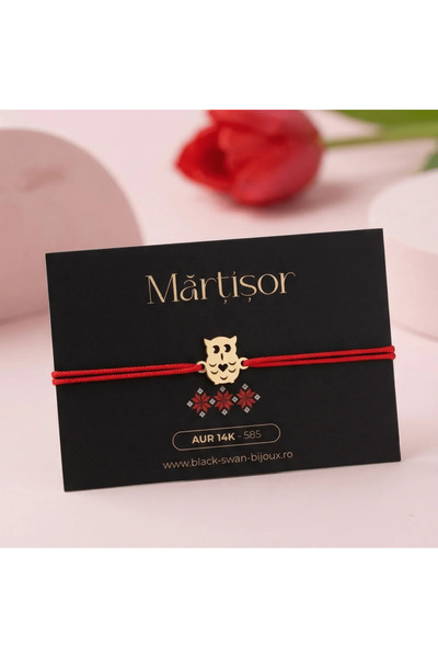 BLACK SWAN Bijoux Martisor bratara cu snur Bufnita din aur 14K