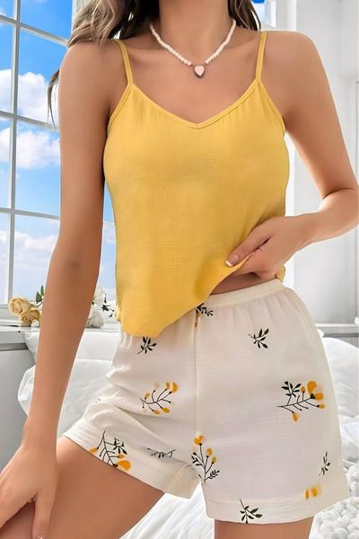 Homay 2-Piece Floral Patterned Shorts and Thin Strap Wrinkled Pajama Set