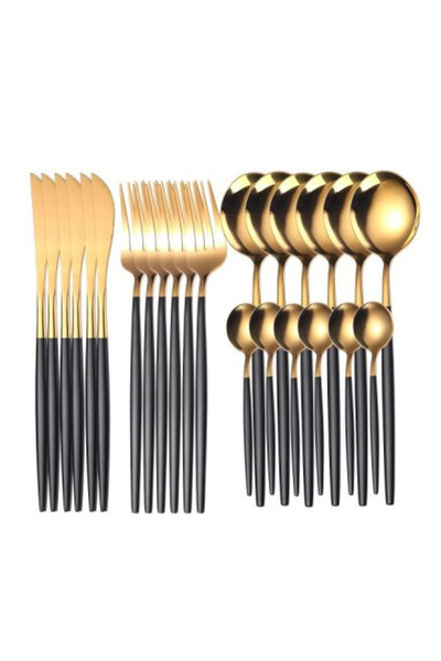 BASE Set of 24 elegant and refined cutlery with a luxurious BLACK and GOLD fi...