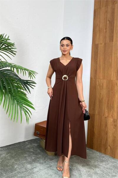 Neşeli Butik Women's Brown Waist Buckle Detailed Slit Full Length Dress Nbmy3865