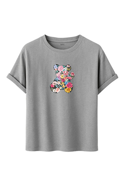 DK DAKSEL Γυναικείο μπλουζάκι με πολύχρωμο φλοράλ σχέδιο αρκουδάκι, βασική γρ...