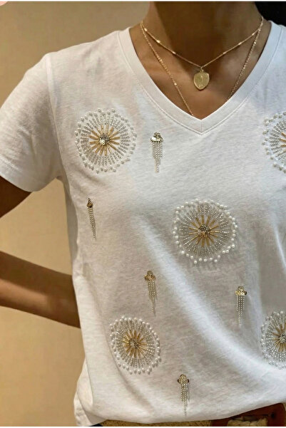 FEMELLE White 100% Cotton V-Neck T-Shirt with Sequins and Beads Embroidery