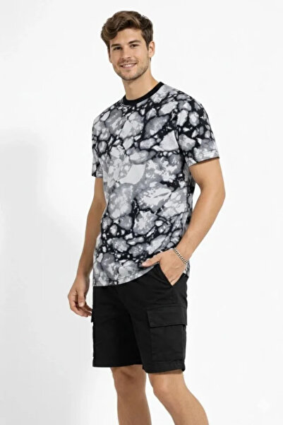 modaserdem Men's Black Gray Stone Patterned T-Shirt – Regular Fit, Crew Neck,...