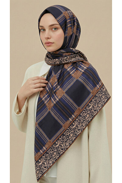 Karaca Plaid Patterned Rayon Scarf - Dark Blue / Taupe