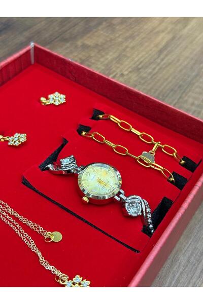 MEMİTA Kadın Gold Renk Saat & Takı Seti – Kol Saati, Kolye, Küpe ve Bileklik ...
