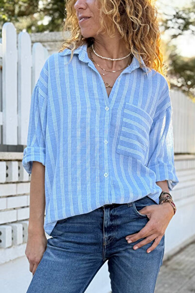 Güneşkızı Baby Blue Striped Pocket Cotton Loose Woven Shirt 70 50