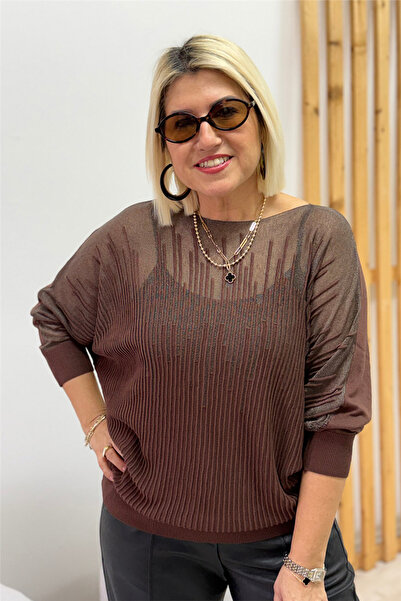 By Esra Celkan Kahve Yarasa Kol Transparan Kabartma Desenli İnce Triko