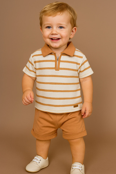 agugu Striped Polo Collar Shorts Summer Men's Set Cinnamon