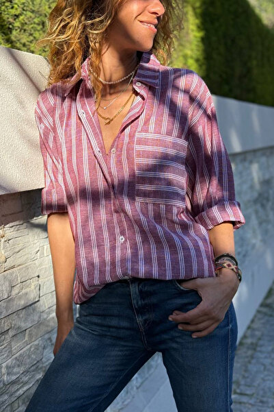 Güneşkızı Burgundy Striped Pocketed Cotton Casual Woven Shirt 70 50