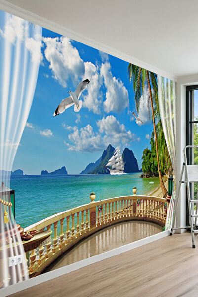 MİRAZAWALL Tropikal Deniz, Mermer Balkon ve Yelkenli Manzaralı Tek Parça Teks...