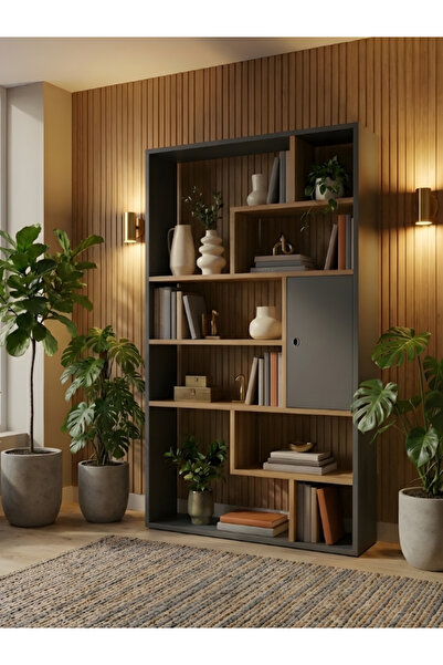 Free Home Premium MDF Vera Modern Kitaplık - Antrasit Ahşap Detaylı Dekoratif...