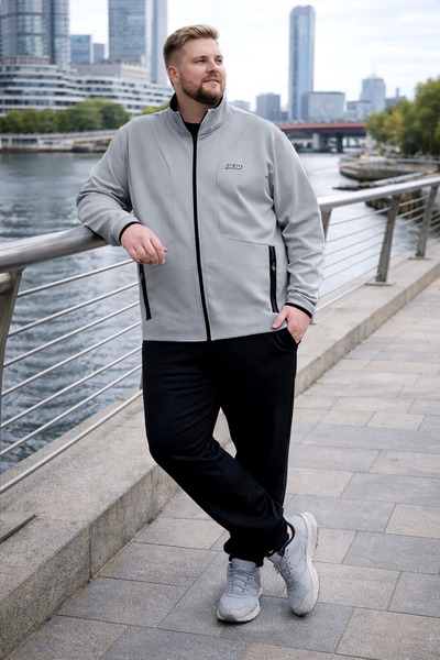 BESSA Gray Stand Collar Tracksuit Set Plus Size Zipper Pocket Straight Leg Pa...