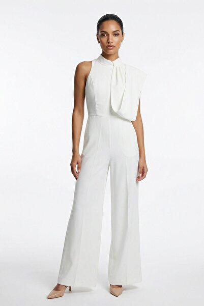 Setre Ecru Turtleneck Sleeveless Jumpsuit with Shoulder Detail and Waist Fit