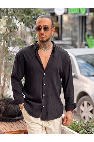 manch collection Oversize Crinkle Linen Shirt Black