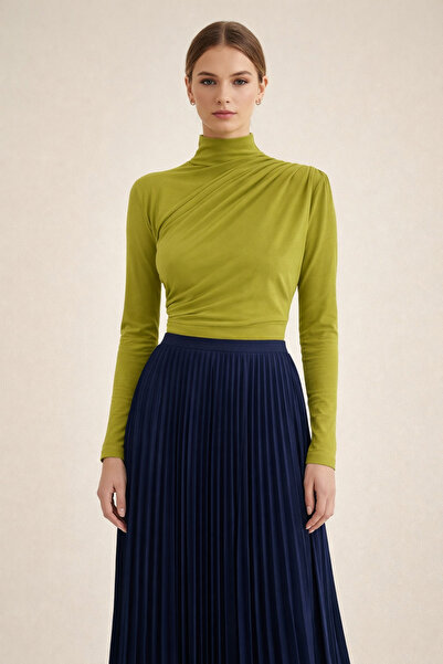 Kirazgym Women's Draped High-Neck Long-Sleeve Stretch Fabric Blouse - Olive G...