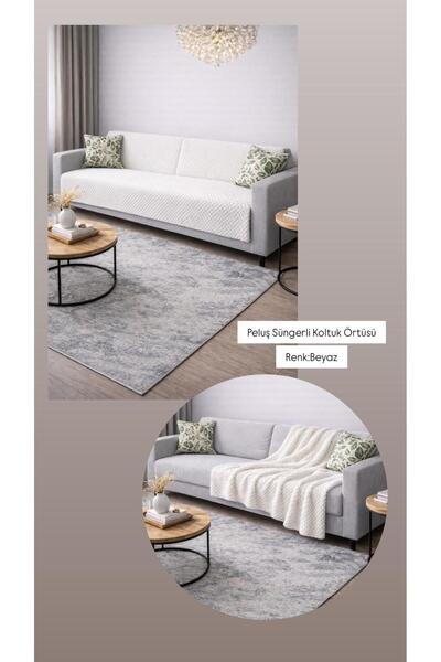 Zümrüt Ev Tekstil Peluş Süngerli Koltuk Örtüsü Beyaz