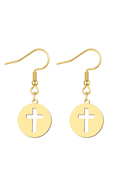 EFAYN.RO Cercei dama, model religios, pandantiv rotund cu cruce, aurii, EFAYN