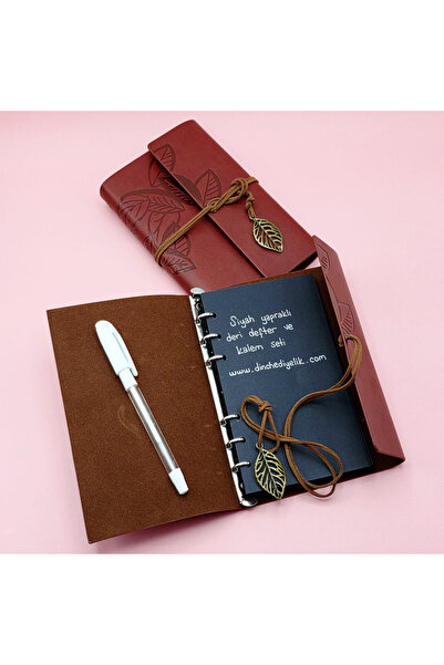 Store Kahverengi Siyah Yapraklı Deri Defter Beyaz Jel Kalem Set Vintage Hatır...