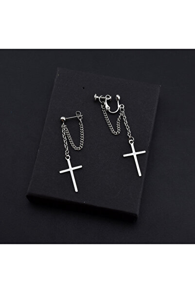 EFAYN.RO Cercei dama, set 2 piese, model super cool, accesorizat cu lant si cruce delicata, argintiu, EFAYN