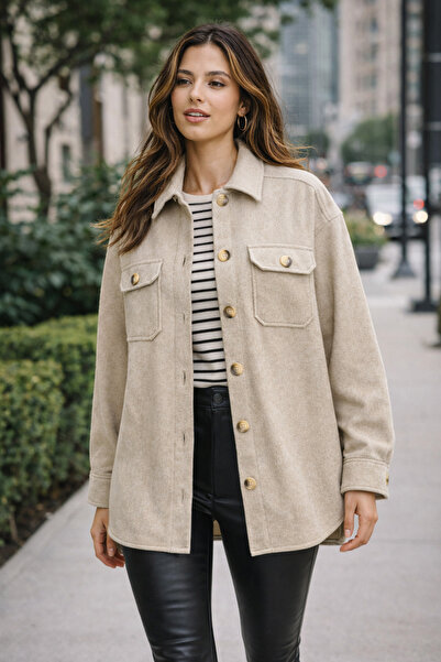 FUDS UNİON Modern Oversize Kaşe Gömlek Ceket – Minimal Tasarım – Bej