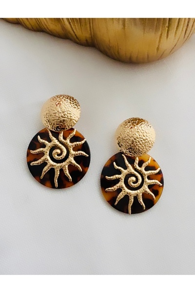 VNS Accessories Ebruli Bone Plate Earrings with Embossed Sun Figures (5.5 cm)