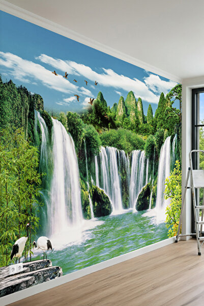 MİRAZAWALL Tropikal Şelale ve Taş Kayalık Manzaralı Tek Parça Tekstil Duvar K...