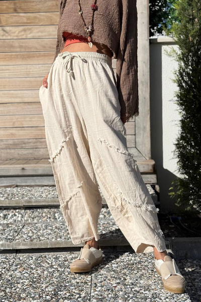 Güneşkızı Beige Pocketed, Torn-Stitched, Wide-Leg, Loose Woven Trousers 85 30