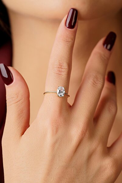 Fiyonk Kuyumculuk 14 Ayar Altın Oval Tek Taş Yüzük - 2026 Yeni Sezon