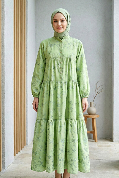 FERHEL Elastic Sleeves, Half Button, Jacquard Printed Piece Dress - Khaki