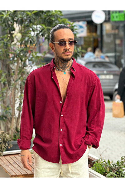manch collection Oversize Crinkle Linen Shirt Burgundy